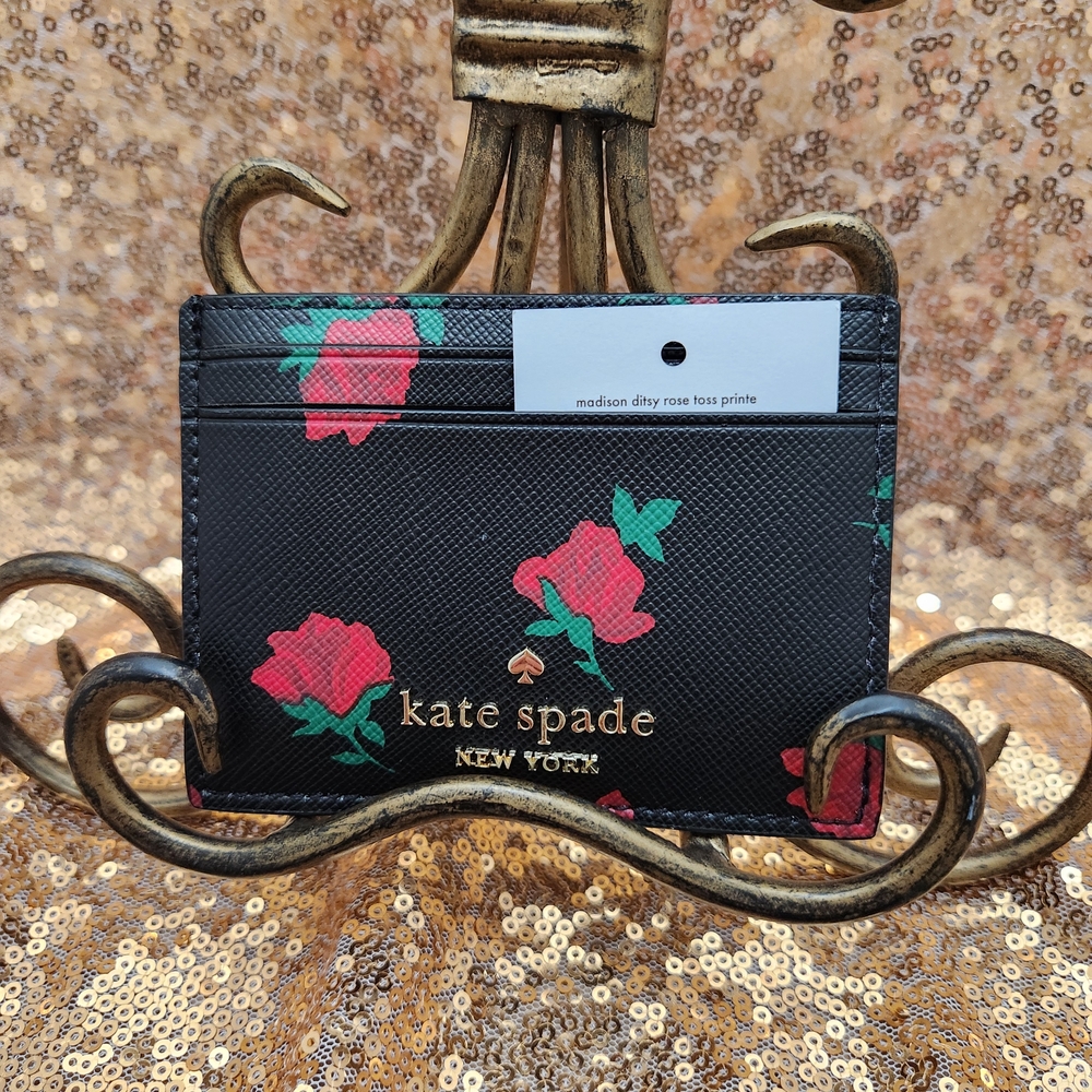 Kate Spade Black Madison Ditsy Rose Toss Printed Card Case